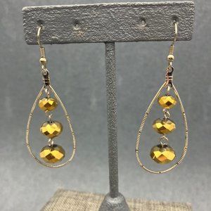 Dangle Pierced Earrings Silver Textured Teardrop Gold Yellow Faceted Triple Bead